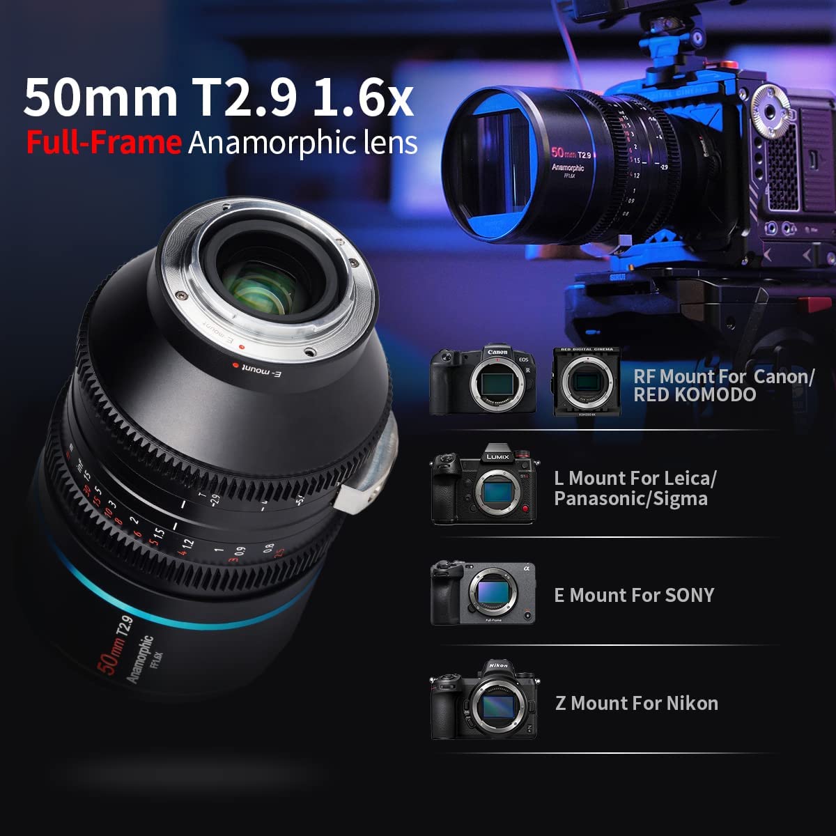 SIRUI 50mm T2.9 1.6X Full Frame Anamorphic Cine Cinema Objetivo Lens Lenses Lente(L Mount)