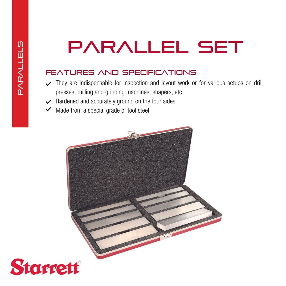 Starrett S384-3ZZ- Juego de paralelos de acero de 1,27 cm de grosor, longitud de 15,24 cm, 5 pares
