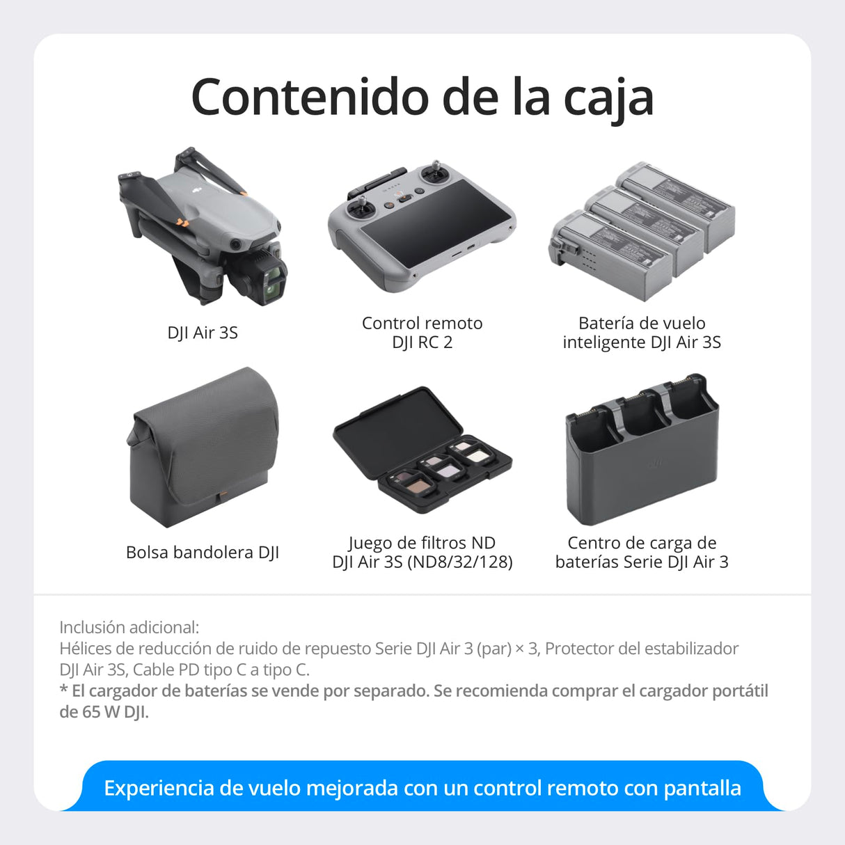 Pack DJI Air 3S Vuela Más (control remoto con pantalla RC 2), dron con gran angular con CMOS 1" y telecámara media, 4K/60 fps, detección de obstáculos omnidireccional y 3 baterías para volar más