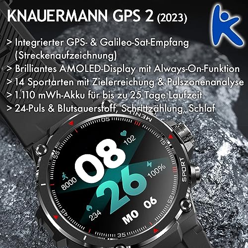 Knauermann GPS 2 (2023) Reloj Deportivo Negro - Pantalla AMOLED - Puls, oxígeno en Sangre, recepción GPS/Galileo - BT Bluetooth - Correa de Silicona Negra, 14-26, Normal, Moderno, Normal, Moderno