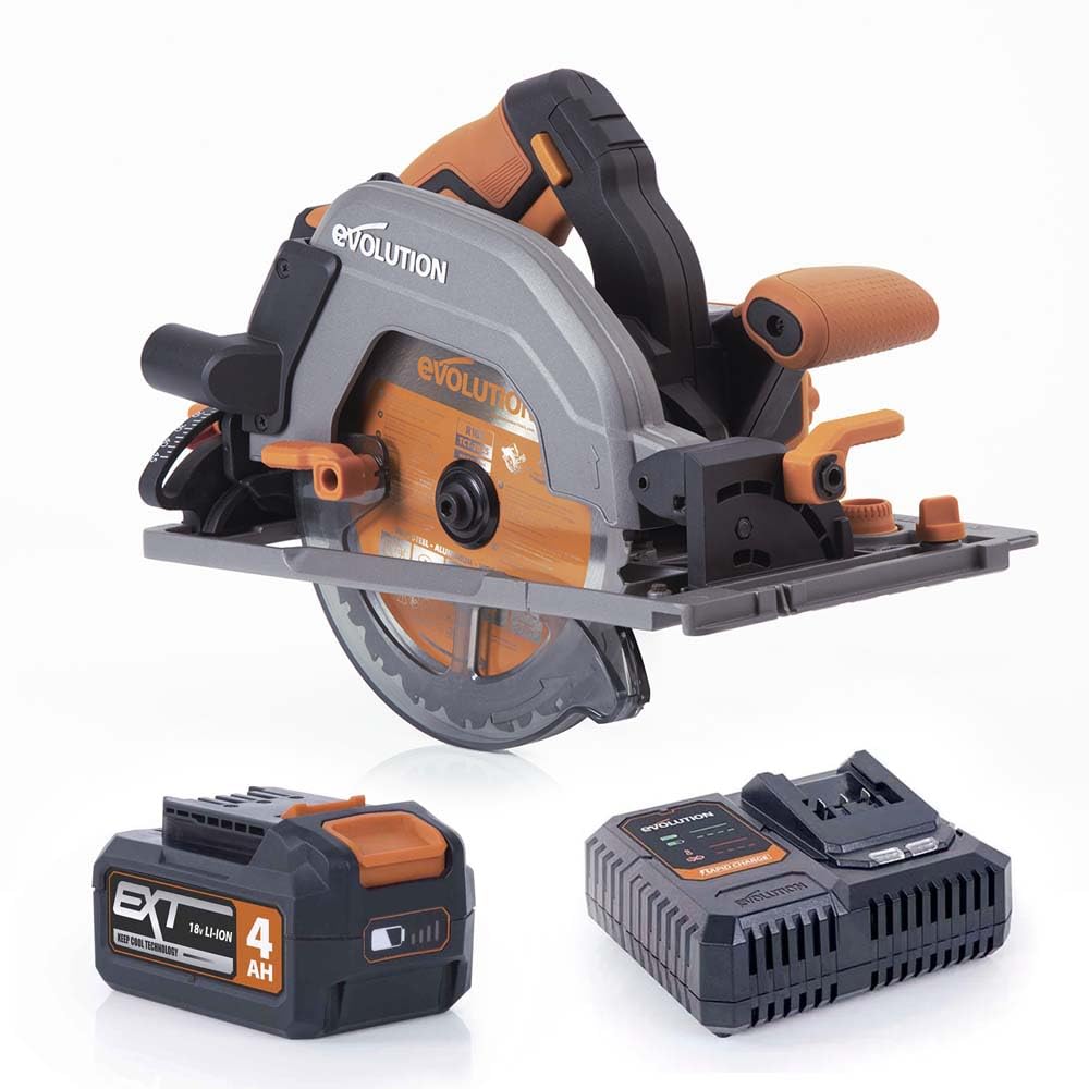 Evolution Power Tools R185CCSX-Li Sierra circular sin cable compatible con carril 18v Li-Ion EXT Incluye hoja multi-material TCT, corta madera, metal, plástico, batería y cargador incluidos, 185mm