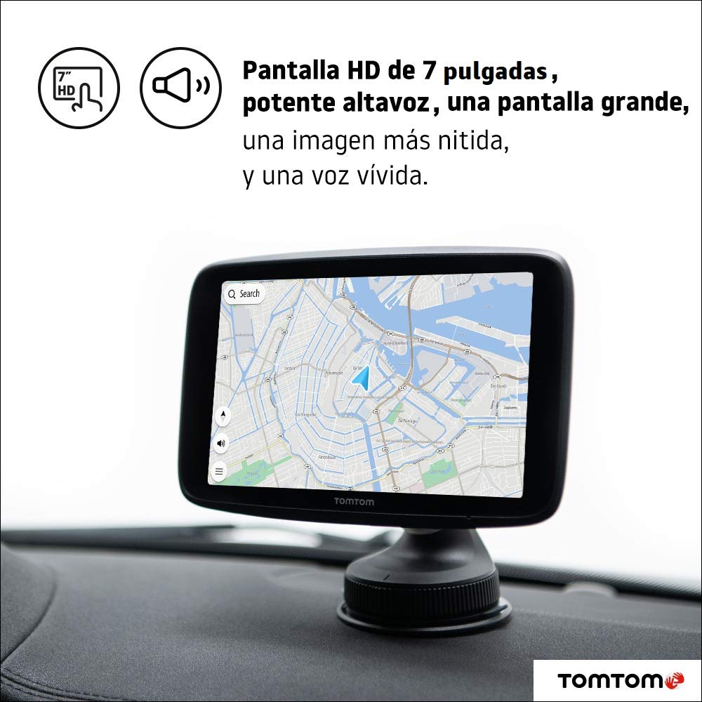 TomTom GPS para coche GO Discover, 7 pulgadas, con tráfico y radares, mapas del mundo, actualizaciones rápidas via WiFi, disponibilidad de parking, precios de combustible, soporte Click-Drive