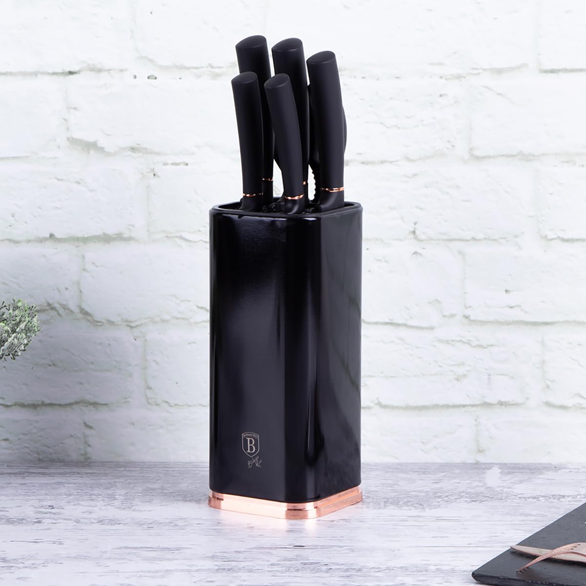 6 piezas. BERLINGER HAUS BH-2422 - Juego de cuchillos de cocina con soporte, color negro y rosa