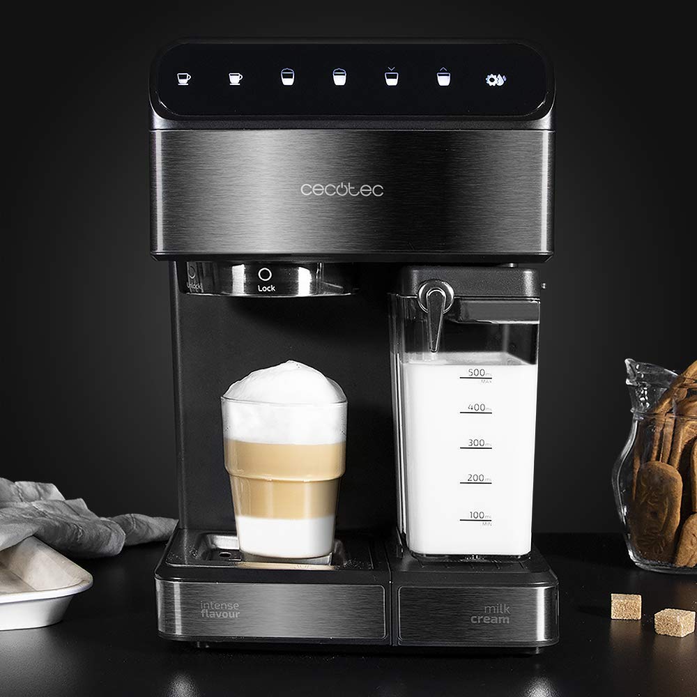 Cecotec Cafetera Semiautomatica Power Instant-ccino 20 Touch Serie Nera. 1350 W, 20 Bares de Presión, Tanque de Leche de 500ml, Control Táctil, Depósito de 1,4 Litros, Acabados Acero Inox
