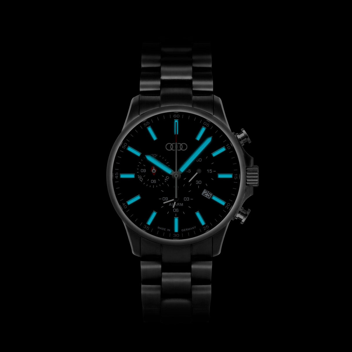 Audi collection Reloj cronógrafo para Hombre, Titanio sólido, manecillas e índices Fluorescentes, con Logotipo de Anillas, Plateado/Negro 3102200200