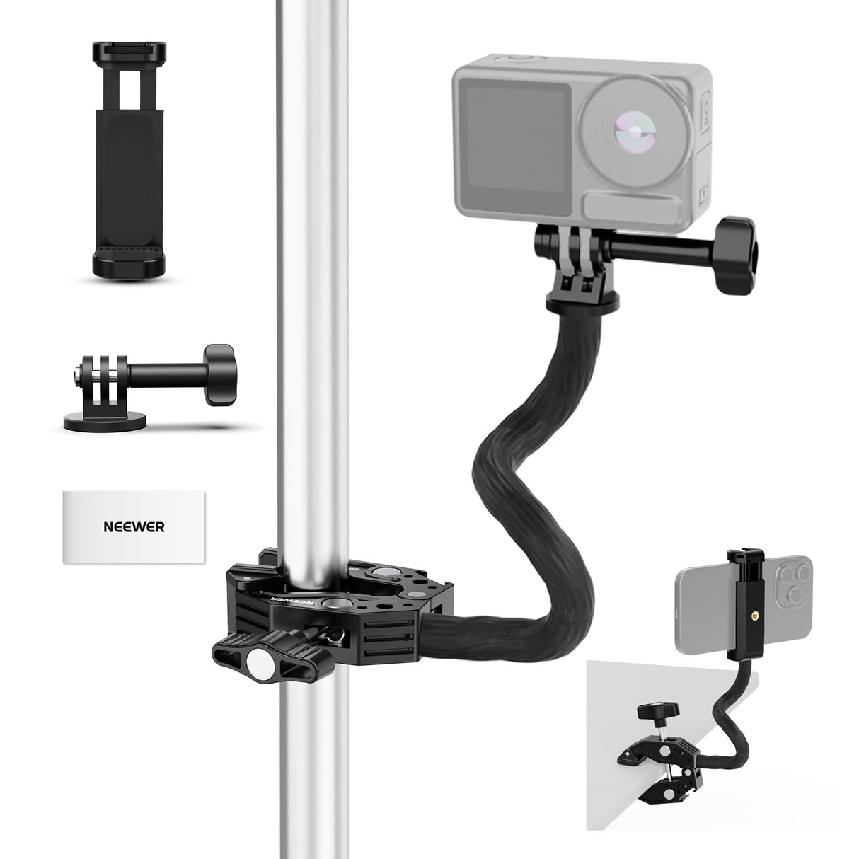 NEEWER Action Cam Mount Kit con Super Clamp Tubo Suave Adaptador Cámara Acción Soporte Móvil Ajustable para Superficies Planas/Redondas Compatible con GoPro Insta360 DJI Action Camera Smartphone GP-26