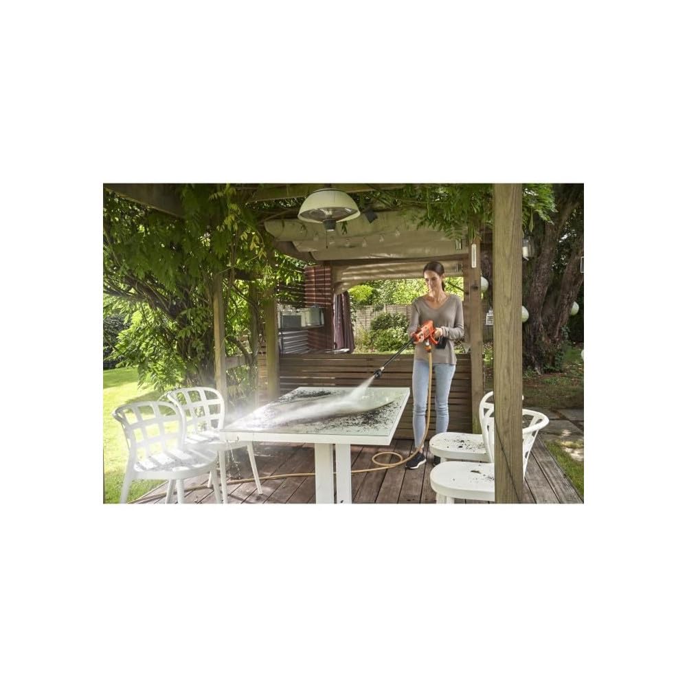 BLACK+DECKER Hidrolimpiadora 18V, batería 2Ah, presión de 24 bares, tubo extraíble 57 cm, incluye manguera 6m, adaptador, varilla larga, boquilla 5en1, batería 2Ah y cargador, BCPC18D1-QW