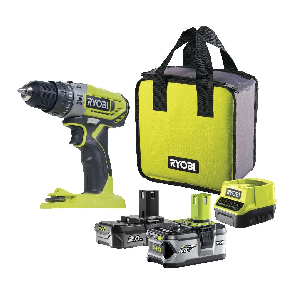 RYOBI Taladro Percutor 18V ONE+ con Baterías 2.0Ah y 4.0Ah, Cargador y Bolsa - Potente, Compacto y Garantía Extendida