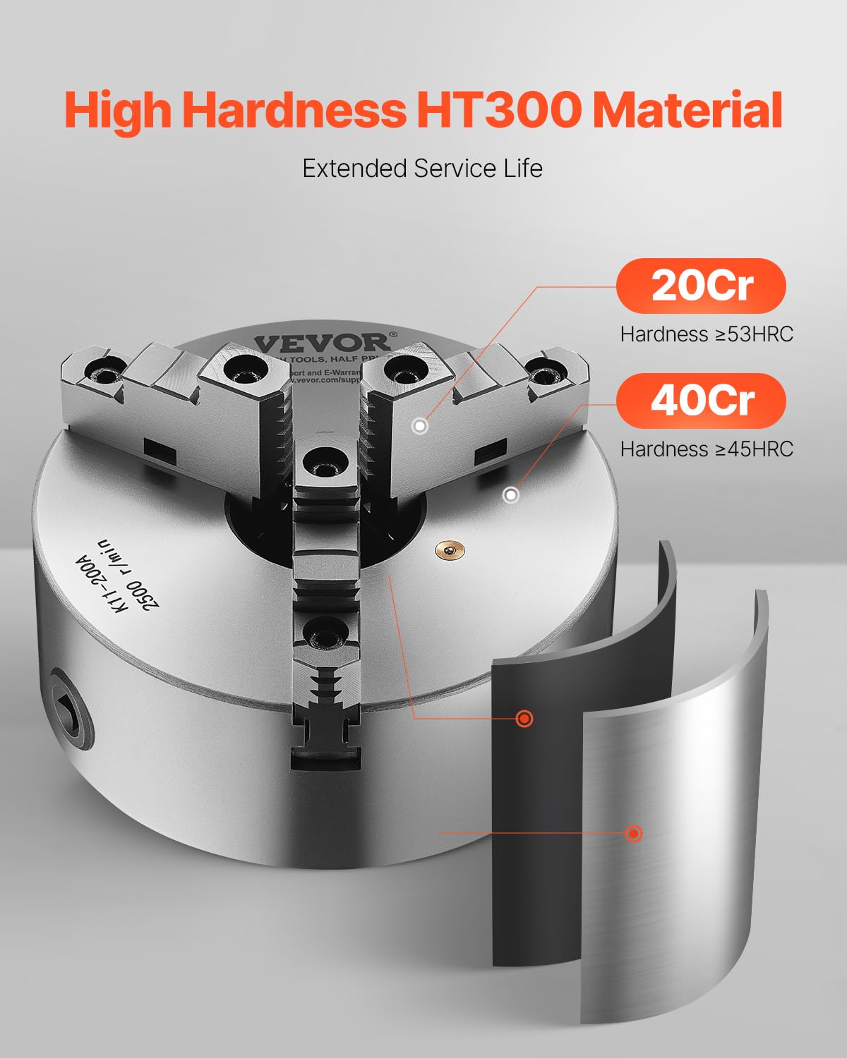 VEVOR Mandril de Torno de 3 Mordazas Diámetro Exterior de 200 mm, Autocentrante con Placa de Soporte Roscada, Rango de Sujeción de 4-200 mm con Tornillos de Llave en T para Torno de Madera y Metal