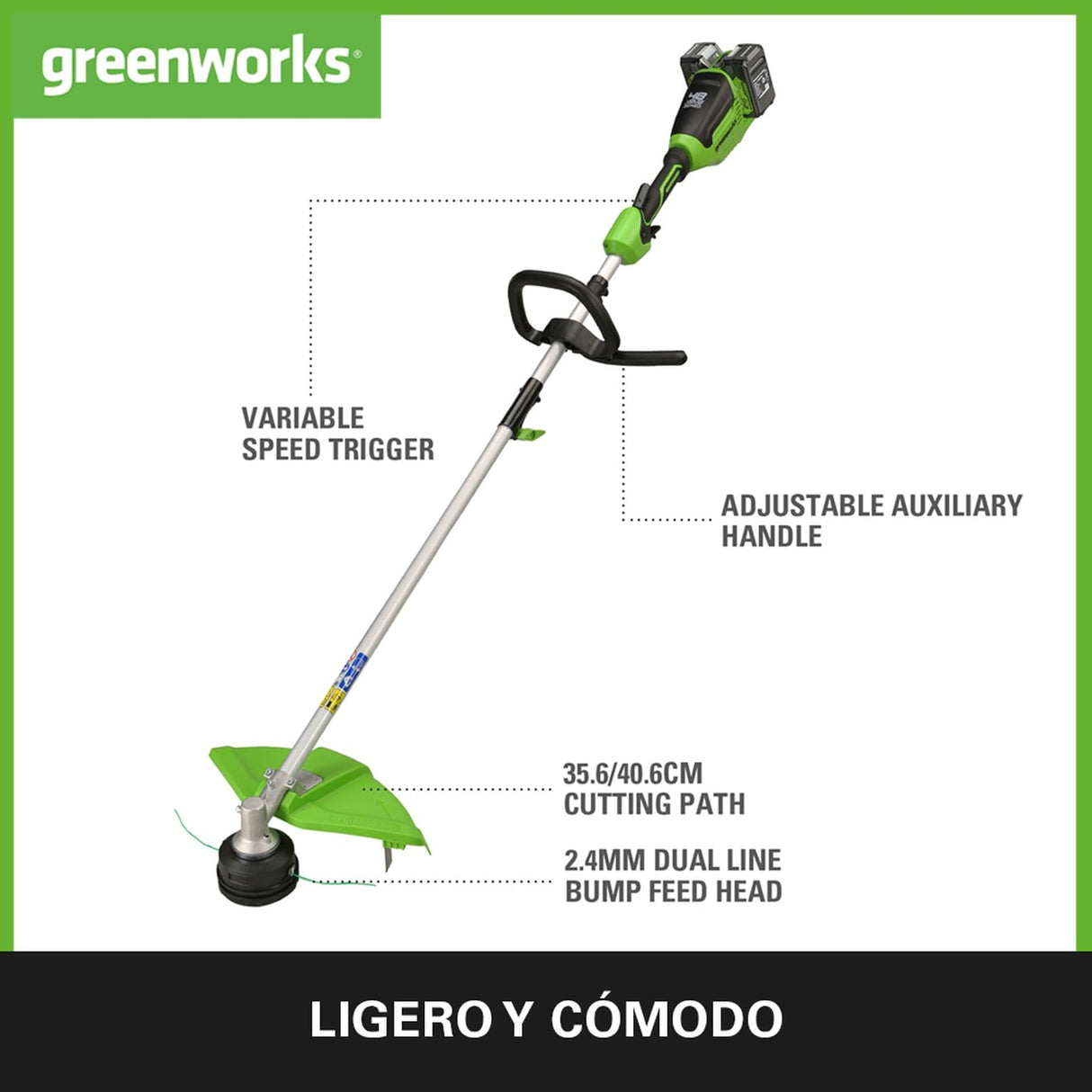 Greenworks Recortadora de hilo con batería GD24X2TX, Li-Ion 24V ancho de corte 40cm 5600 rpm diám. hilo 2mm empuñadura auxiliar ajustable varilla de 2 piezas con 2 baterías 4Ah y cargador doble