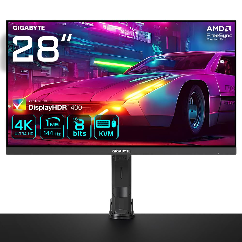 GIGABYTE M28U 28" Monitor de Juego 4K UHD Edición Brazo - 3840 x 2160, 144Hz, 1ms, 250 cd/m², FreeSync Premium Pro, Display HDR400, HDMI 2.1, Displayport 1.4