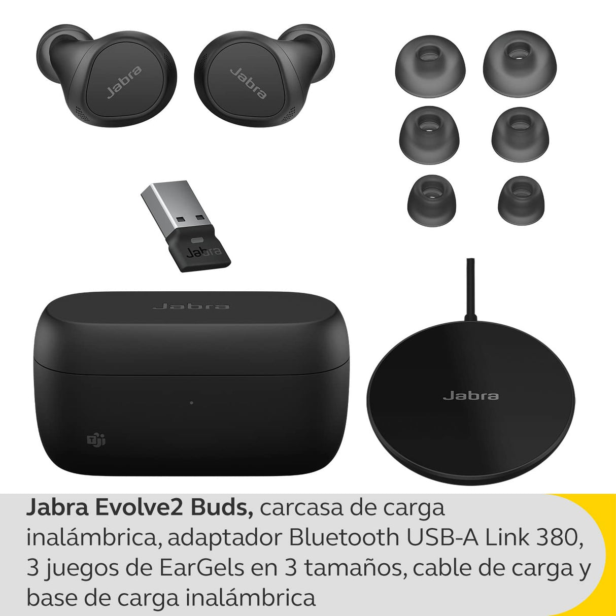 Jabra Evolve2 Buds, Auriculares Bluetooth Intraaurales Inalámbricos, Cancelación Activa de Ruido, Tecnología de Voz MultiSensor y Base de Carga Inalámbrica, Certificados para MS Teams, Negro