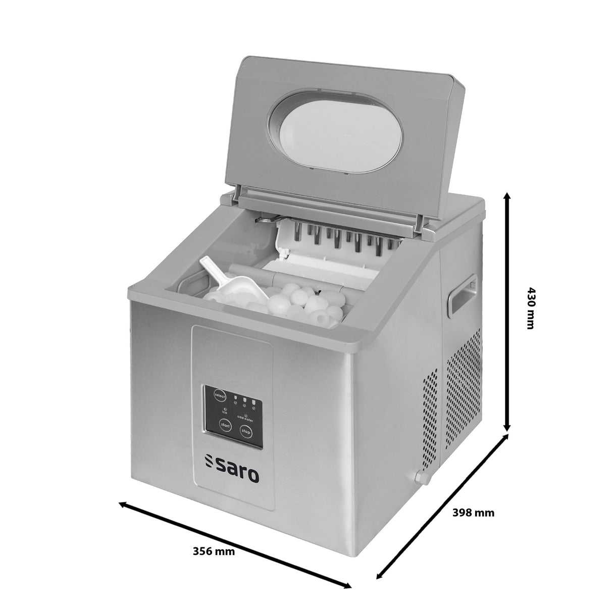 SARO EB 15 PRO Cubitera de acero inoxidable, 15 kg/24 h, 3 tamaños de hielo a elegir, tanque de agua de 2 l, depósito de 1,4 kg