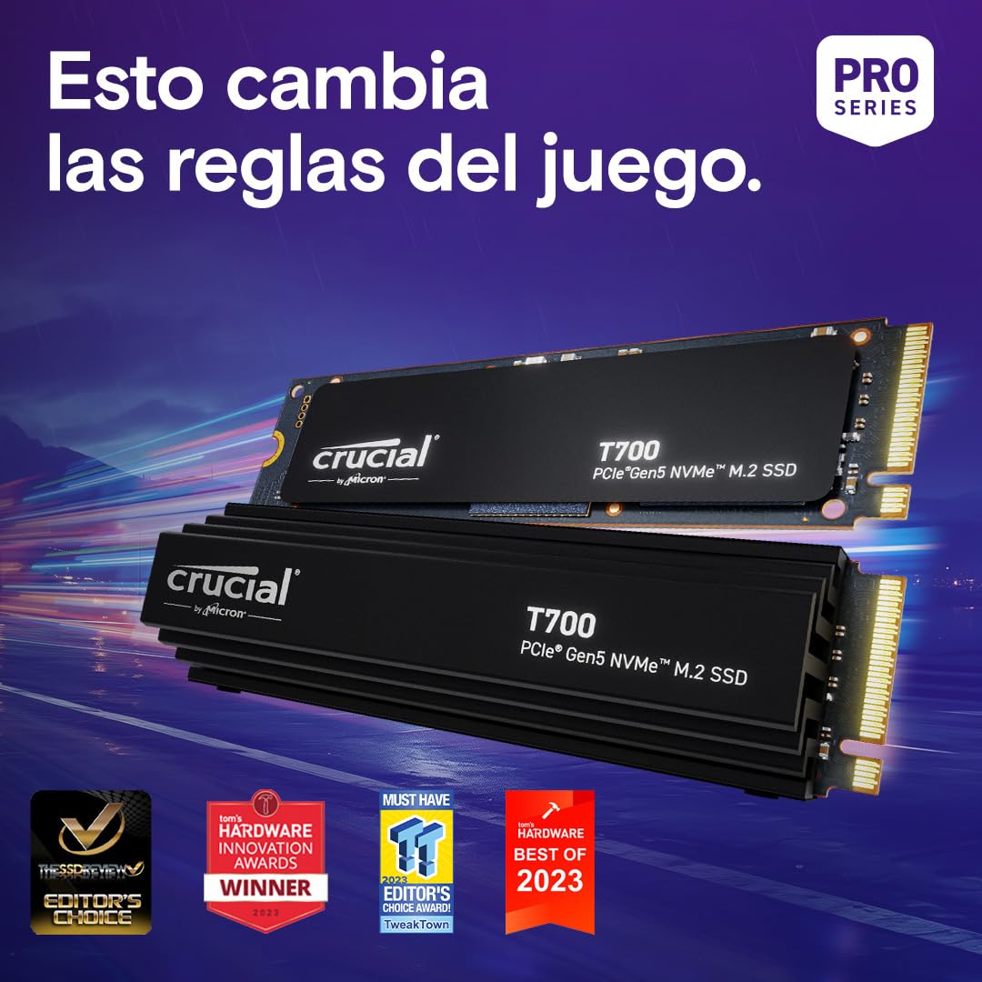 Crucial T700 SSD 4TB PCIe Gen5 NVMe M.2 SSD Interno Gaming con Disipador Premium, Hasta 12.400MB/s, Microsoft DirectStorage, Compatibilidad PCIe 4.0, Disco Duro SSD - CT4000T700SSD5
