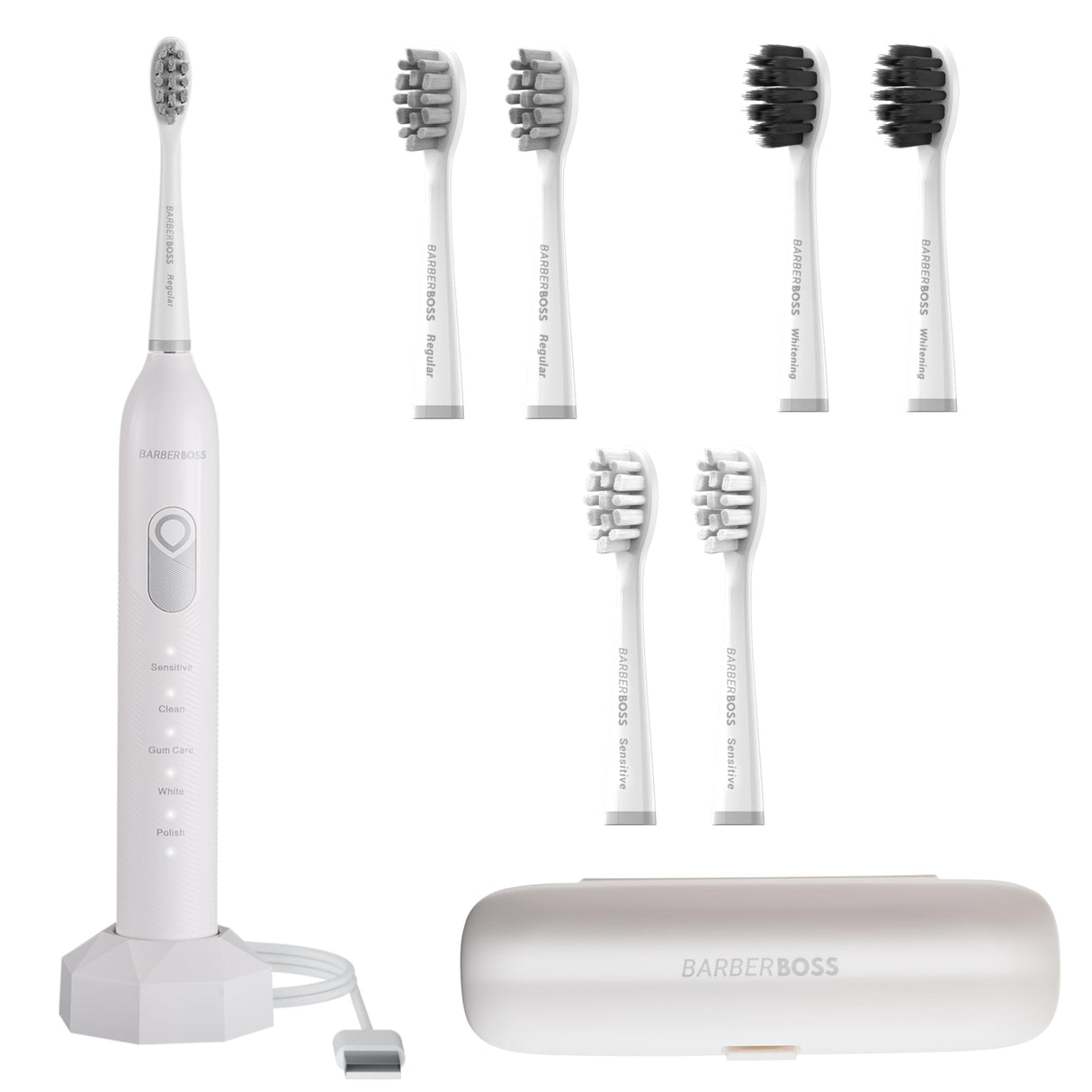 BarberBoss Cepillo de dientes eléctrico con 6 cabezales de cepillo y sensor de presión, cepillo de dientes recargable para adultos con 5 modos, temporizador inteligente, cepillo de dientes