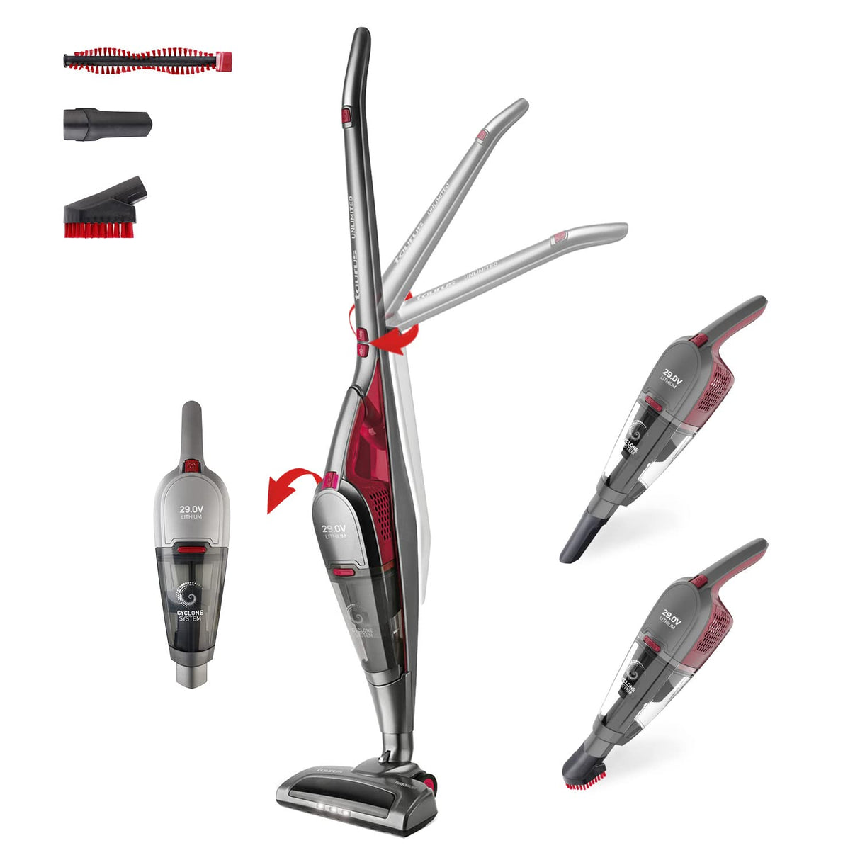 Taurus Unlimited Plegable|Ligero 29 Lithium - 2 en 1: escoba y aspirador de mano, baterías de litio de 29 V, base de carga, velocidad Eco y Turbo, indicador LED, depósito extraíble de 0,7L, Gris