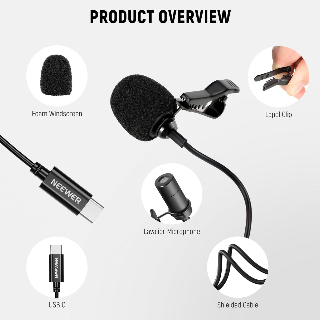 NEEWER Mini Micrófono de Solapa USB C, 2 Pack Compatible con iPhone 16 15 Pro MAX, Teléfono Android, Tableta, PC, Micrófono de Solapa de Condensador Omnidireccional con Clip y Cable de 2m/6.6ft
