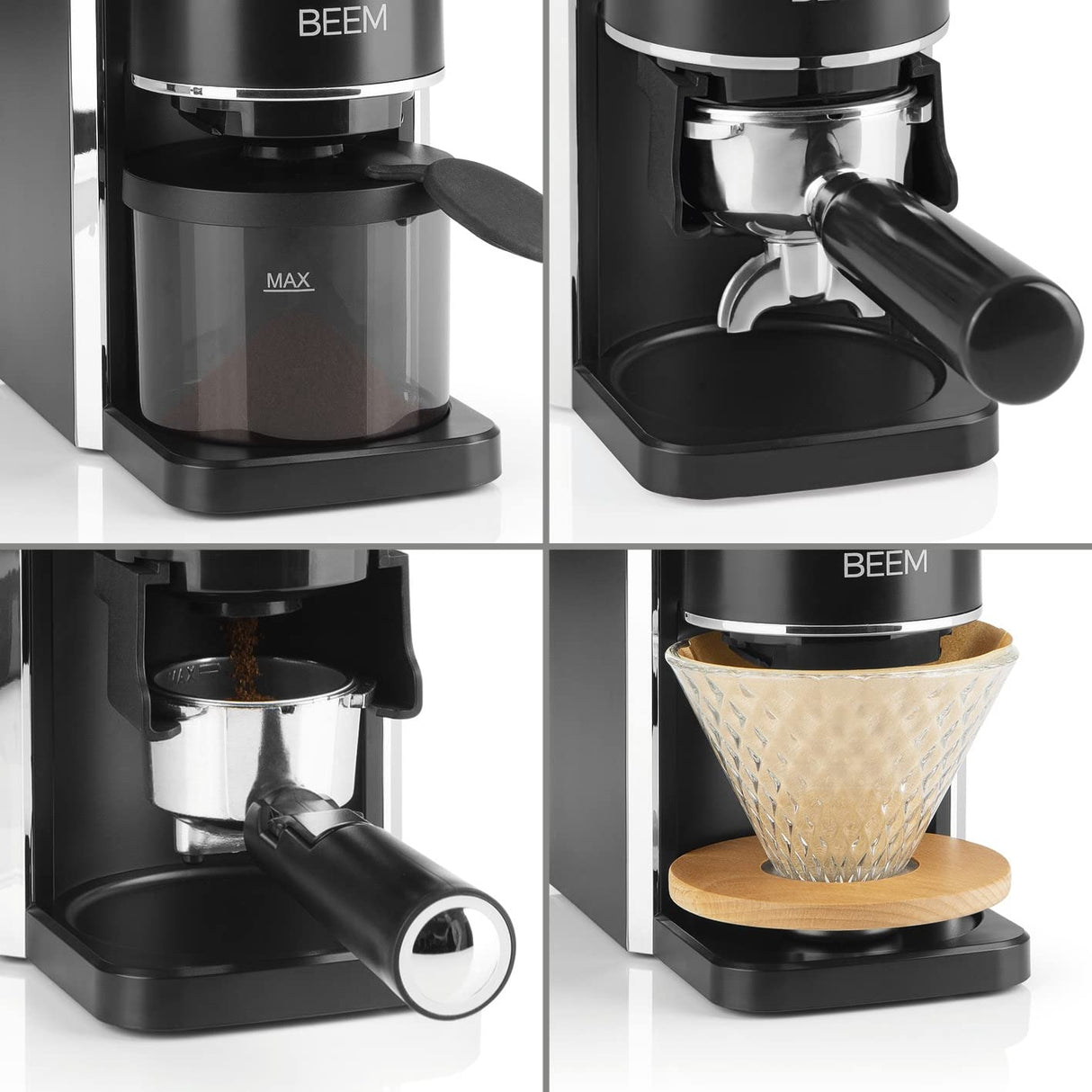 BEEM GRIND-PERFECT Molinillo de café eléctrico, 250 g, ajuste de grado de molienda de 35 niveles, mecanismo cónico, dosificación ajustable mediante rueda giratoria (2 – 12 tazas), molido directamente
