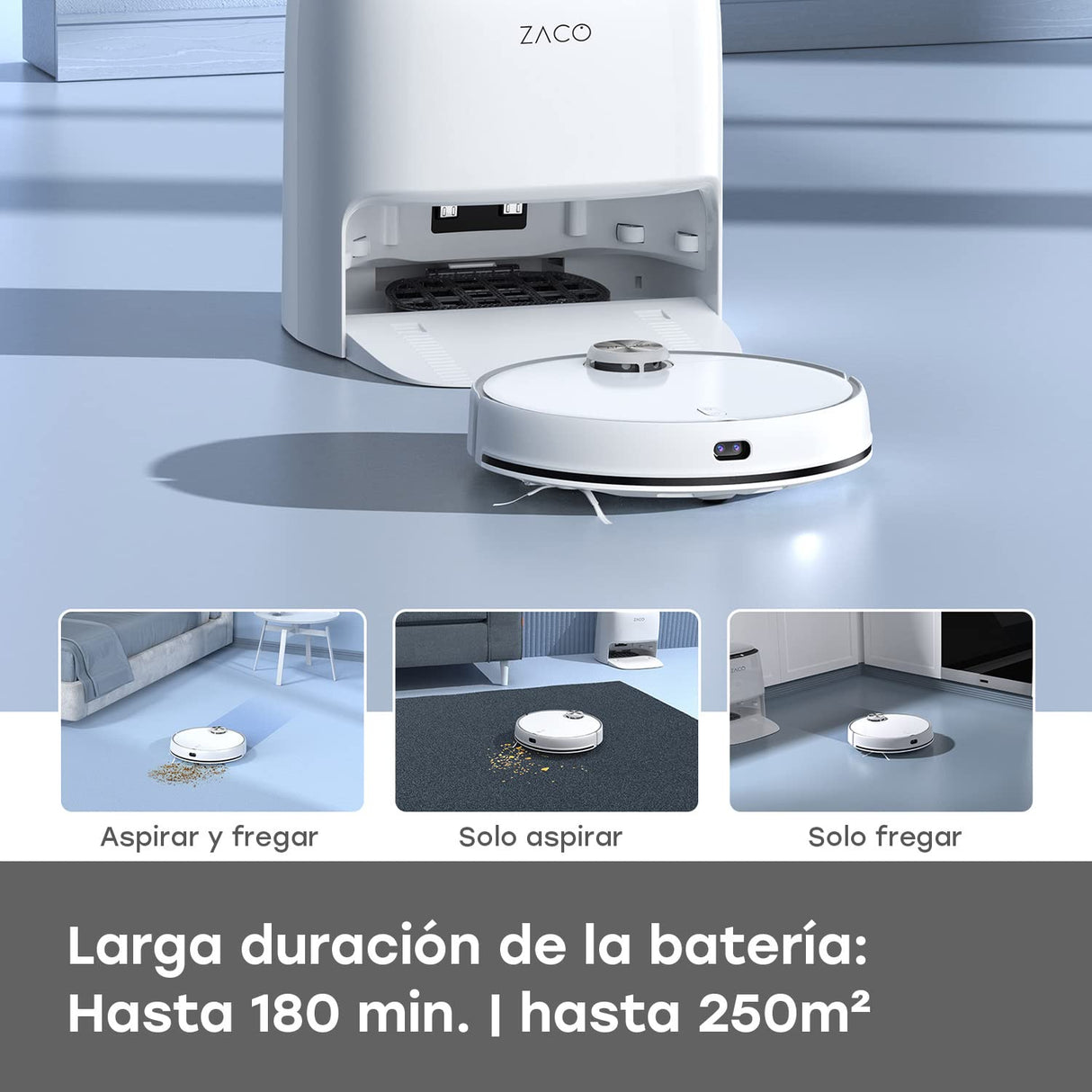 ZACO M1S Robot Aspirador y fregasuelos con estación de autovaciado, navegación láser y detección de obstáculos, depósito de Agua Dulce de 4L, App, mapeo, 180 min, con detección de alfombras