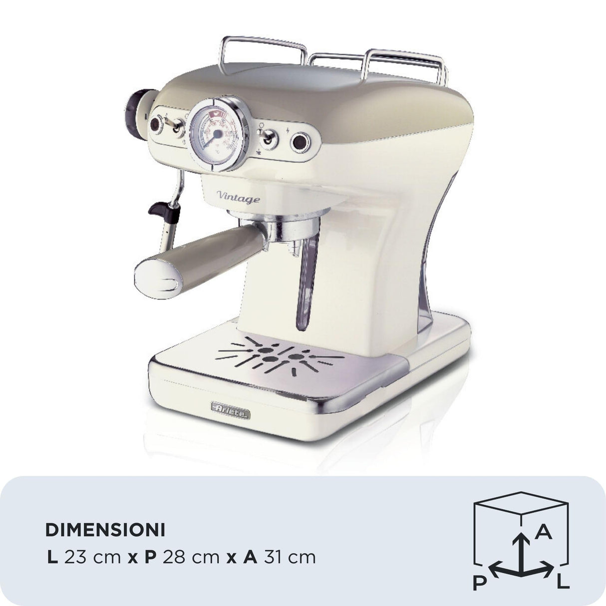 Ariete 1389/13 CAFETERA Espresso Vintage, 900 W, 0.9 litros, 15 bares, maxicapuccino, porta filtro para monodosis y café en grano, plástico Beige