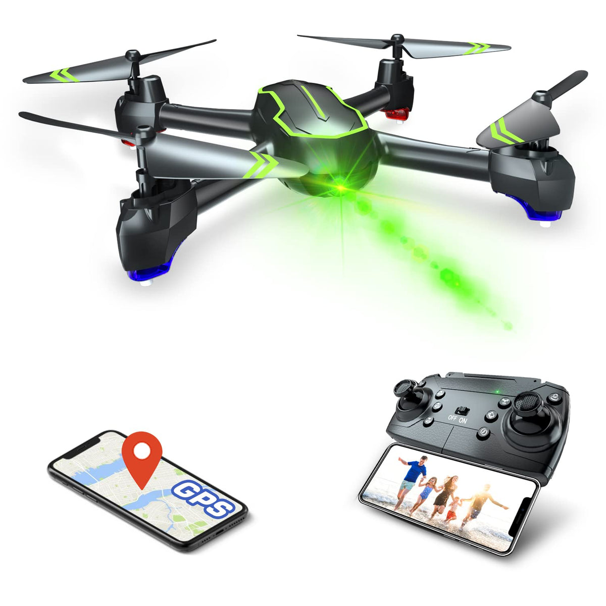 Loolinn | Drone con Control de gestos GPS, Cámara HD 1080p para Principiantes, Cuadricóptero RC con Retorno Automático/Fotos y Vídeo HD 1080p (Dos Baterias)