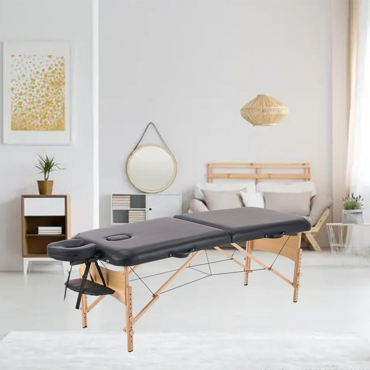 YOUNIKE Camilla Masaje Negro Plegable 2 Zonas Profesional Portátil Carga 250kg 186×70cm Altura Ajustable de Madera Haya para Belleza Tatuaje SPA con Bolsa de Transporte