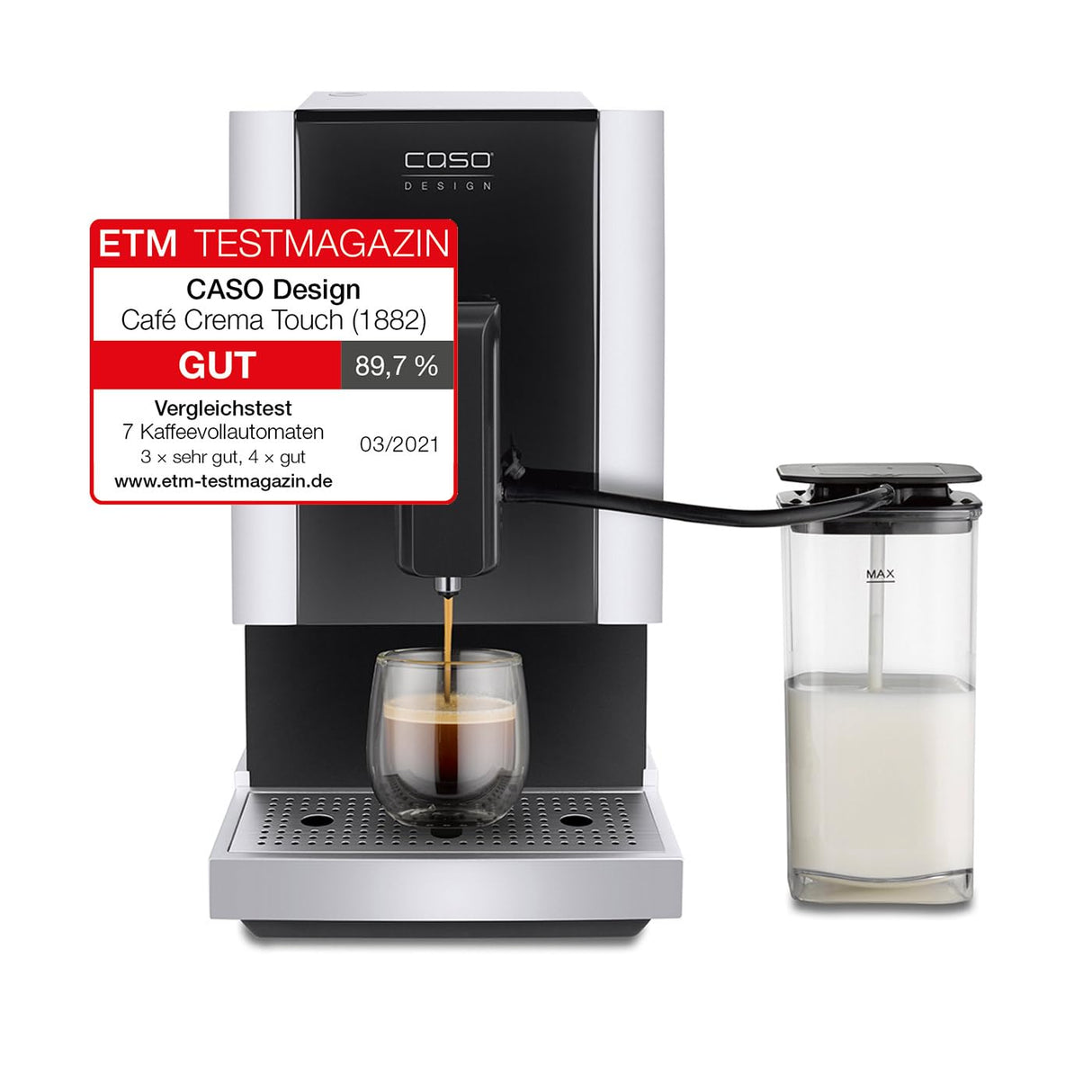 Caso Café Crema Touch - Cafetera automática, incluye manguera y depósito de leche, mecanismo de cono regulable sin niveles, listo para arrancar, todas las especialidades de café al tacto, color negro