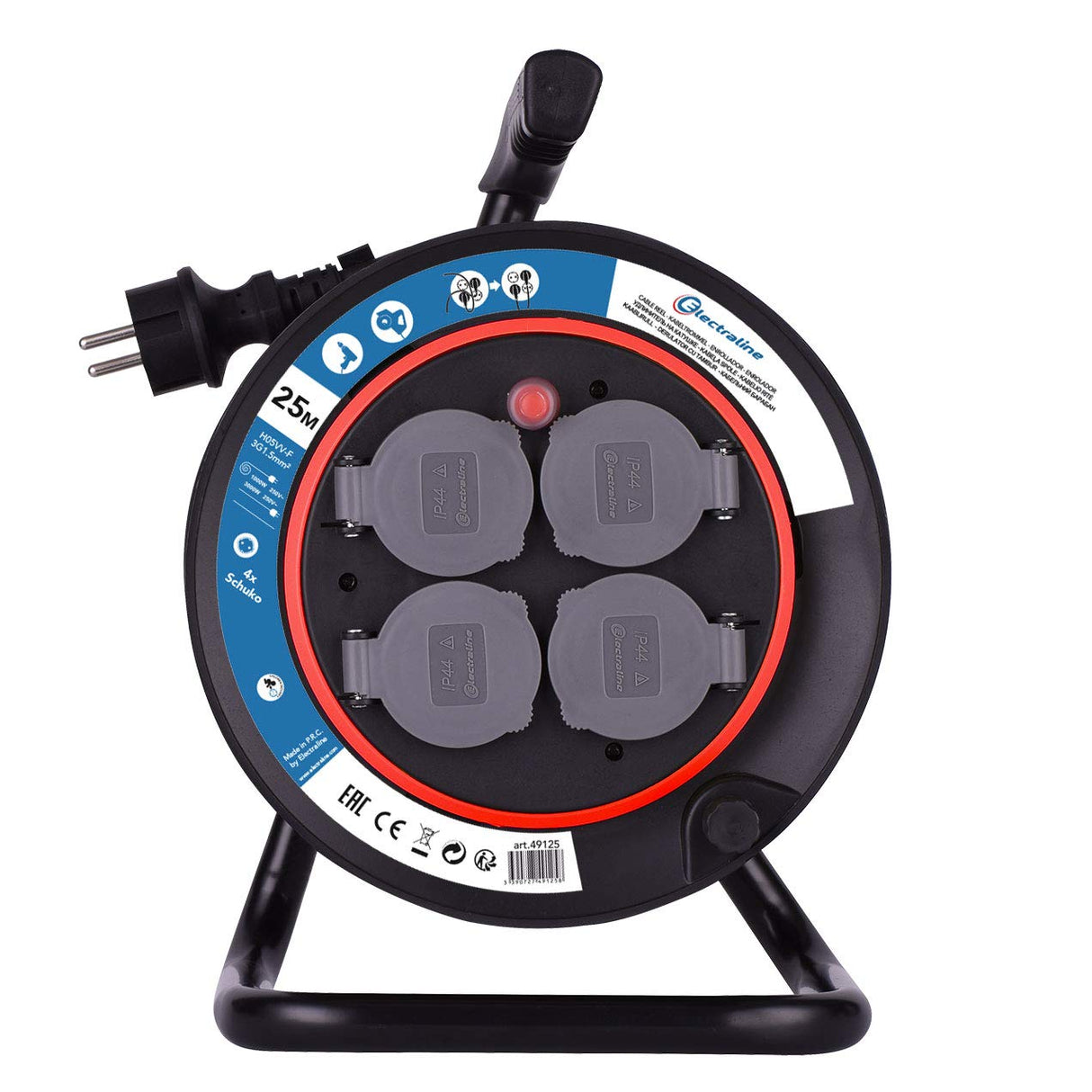 Electraline 49125 Allargador Enrollacables con Tomas de Corriente fijas 25 M, Pletina Fija, Cable H05 VV-F secciòn 3G1,5 mm², Negro, NEW