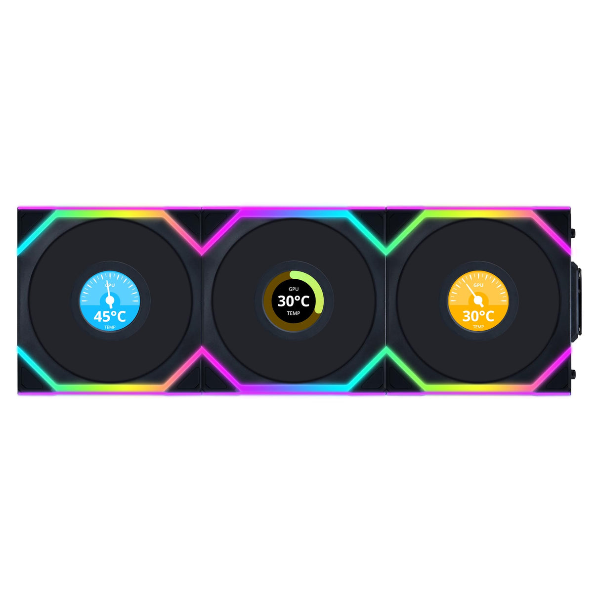 Lian Li UNI FAN SL-INF - Paquete de 3 ventiladores de refrigeración inalámbricos RGB PWM de 120 mm con pantalla LCD, color negro, rendimiento y estética sin costuras, tecnología PWM silenciosa