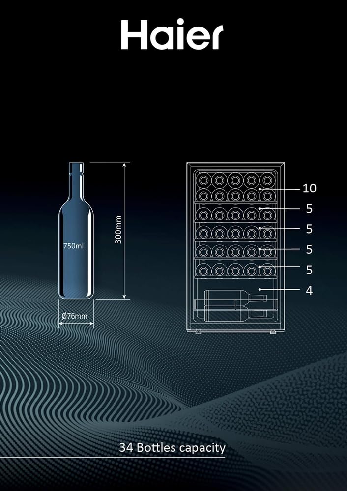 Haier Wine Bank 50 Series 3 HWS34GGH1 - Vinoteca 34 botellas, WIFI, Estantes de madera, Filtro Anti-UV, Filtro de carbón, Filtro de carbón, Display Digital, Iluminación LED, Silenciosa 37 dbA, Negra
