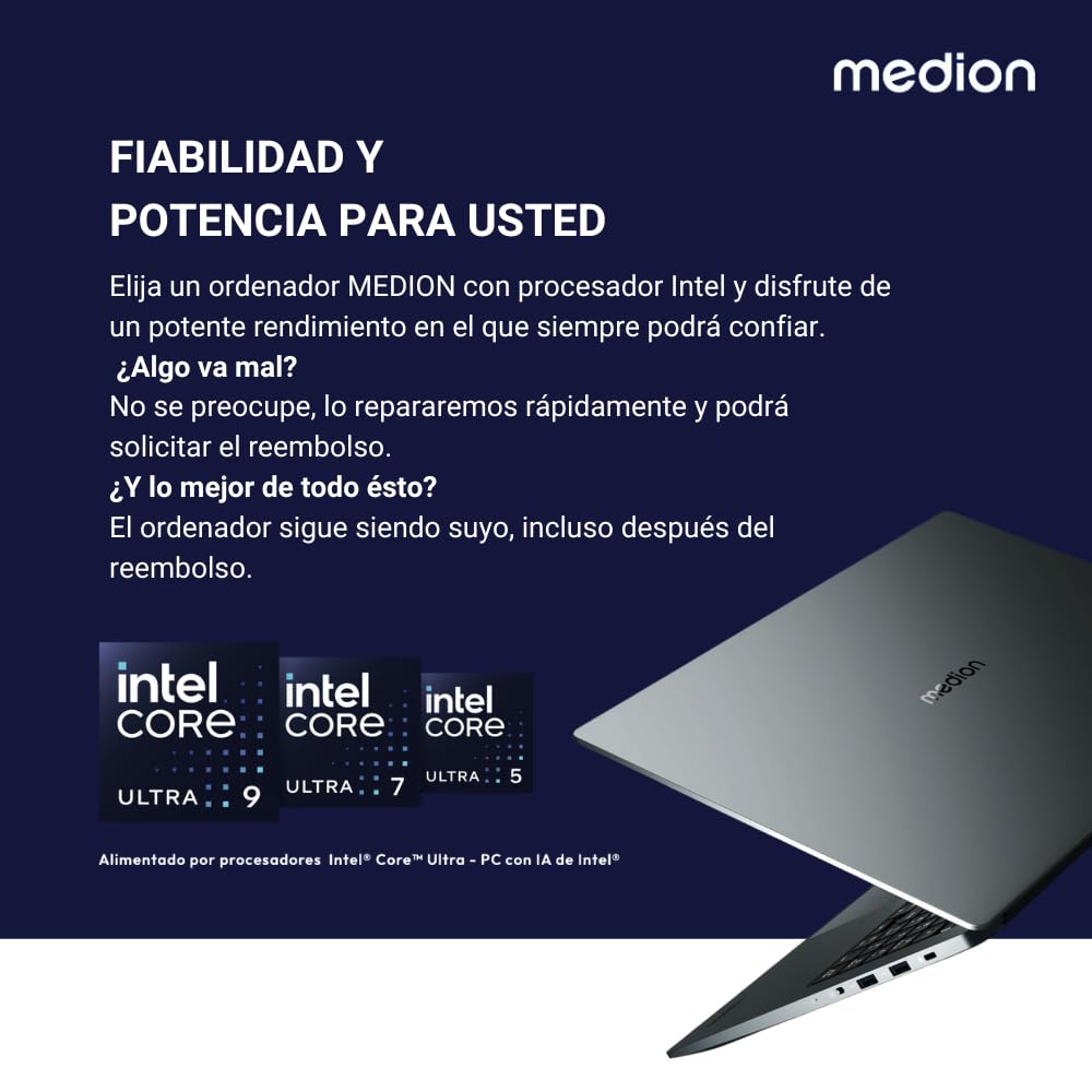MEDION Elite E15443-15.6" FHD. Intel Core 5-125H. Intel ARC Graphics. 16GB RAM. 512GB SSD. Windows 11 Home. Wi-Fi. Plata. Teclado QWERTY. MD62621. Incluye Programa de Fiabilidad, Garantía