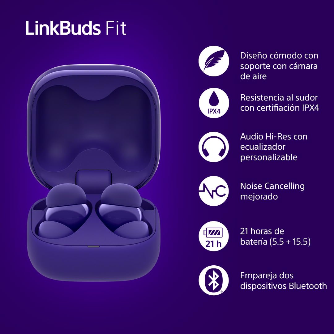 Sony LinkBuds Fit – Auriculares bluetooth True Wireless con Noise Cancelling - Cómodos todo el día, IPX4, Hi-Res Audio, Ambient Sound Mode, 21 h autonomía, conexión multipunto, iOS y Android - Violeta