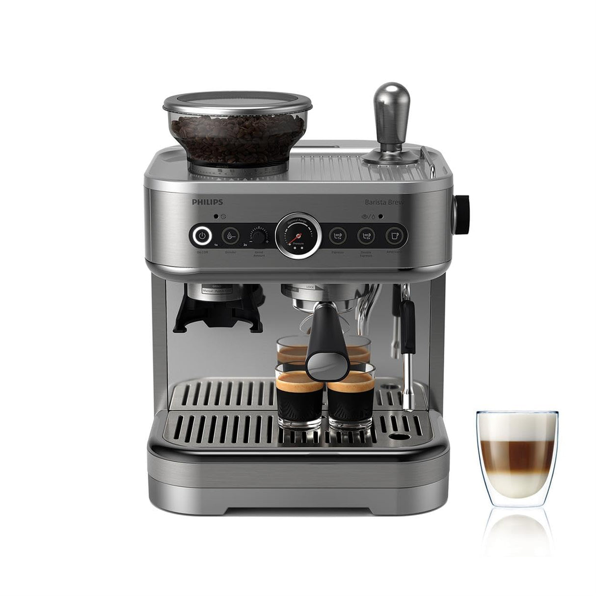 Cafetera espresso semiautomática Philips Barista Brew - Espresso simple y doble + Botón Americano, recipiente de 250 g de café en grano, guía intuitiva, prensado calibrado, acero Inox (PSA3218/01)