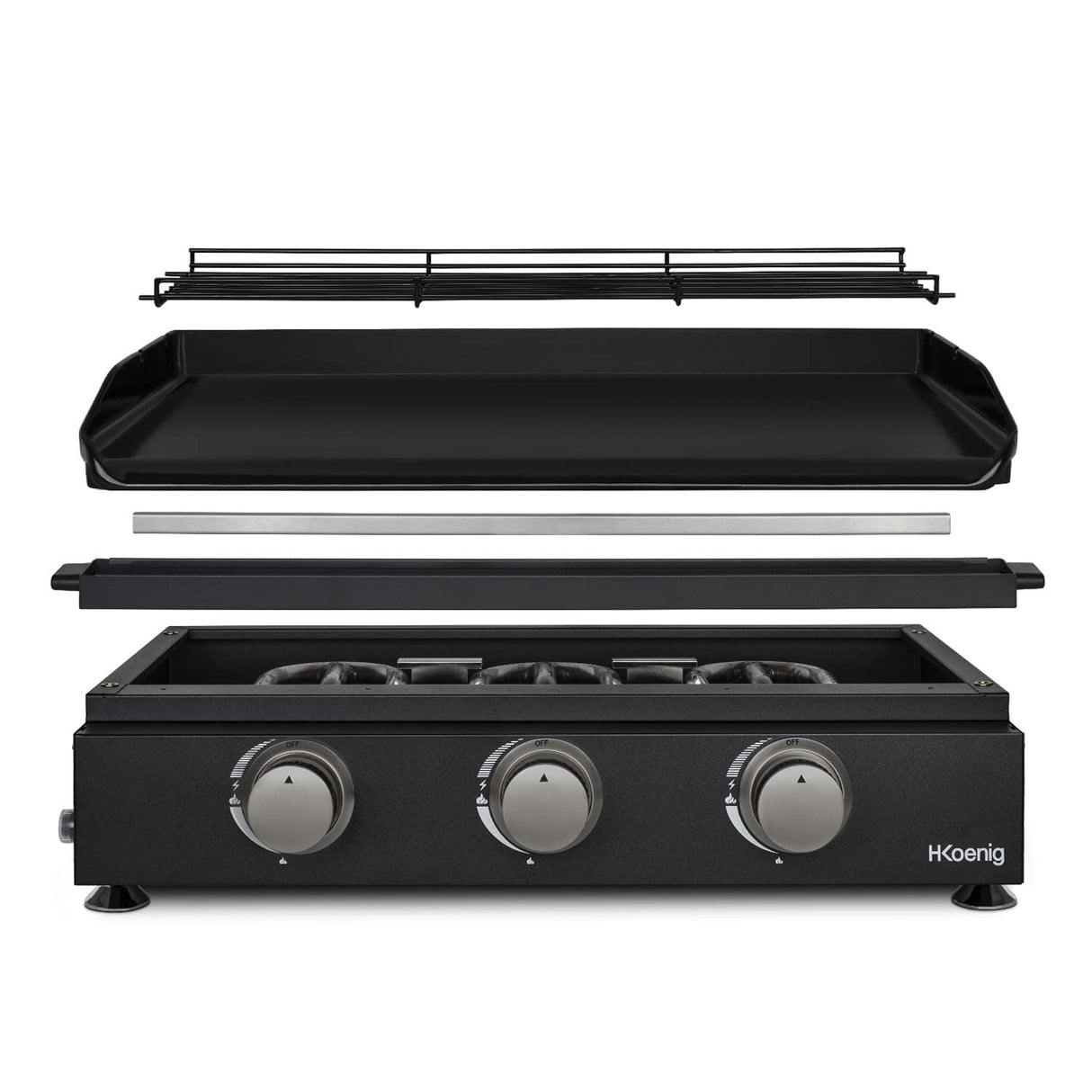 H.Koenig PLX1032 Plancha de Gas, 3 quemadores en U, Acero Inoxidable, Placa en Hierro Fundido, Gas Propano o Butano, Facil Limpieza, Antideslizante, Negro