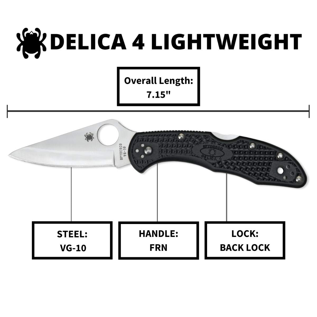 Spyderco C11PBK Navaja, Einhandmesser DELICA 4-C11PBK, Mango Negro, Hoja de Acero Inoxidable, PlainEdge
