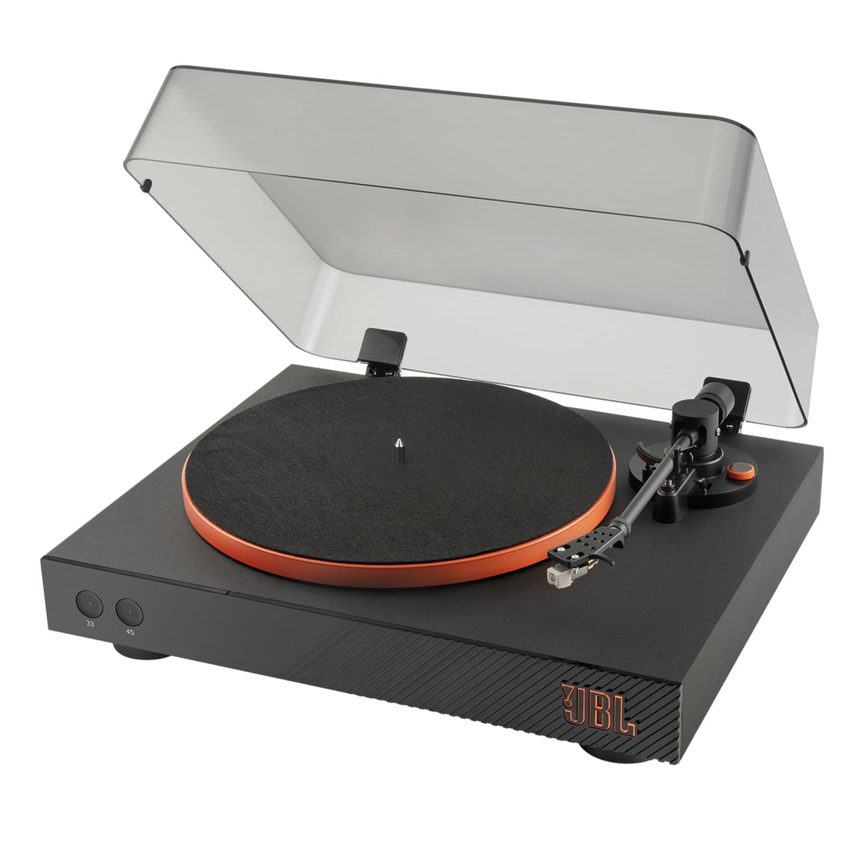 JBL Spinner BT, Tocadiscos Bluetooth con AptX-HD, cabezal extraíble, plato de aluminio y transmisión por correa, cartucho magnético móvil preinstalado, en negro y naranja