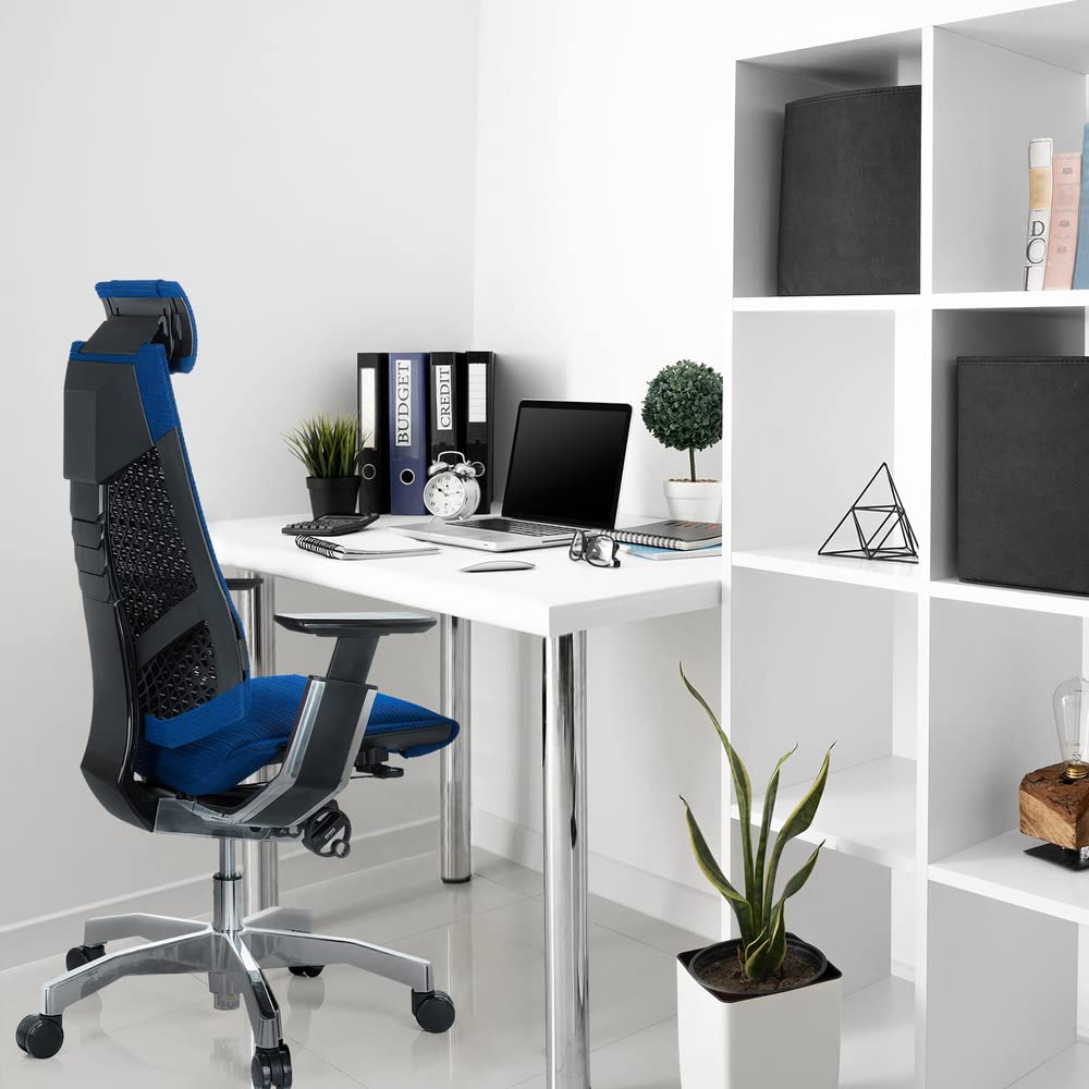 hjh OFFICE 652604 Silla de Oficina GENIDIA Pro Tejido de Malla Azul, Silla ejecutiva ergonómica, reposabrazos y reposacabezas Ajustables