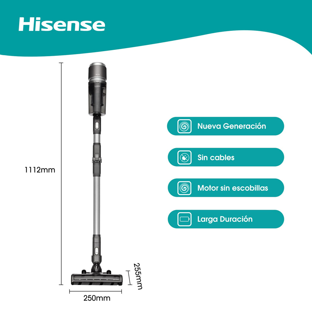 Hisense HVC6464A Aspirador Escoba sin cable, 25.2V, autonomía hasta 60 minutos , indicador LED de carga, accesorios para aspirar y fregar suelos con cepillo mopa