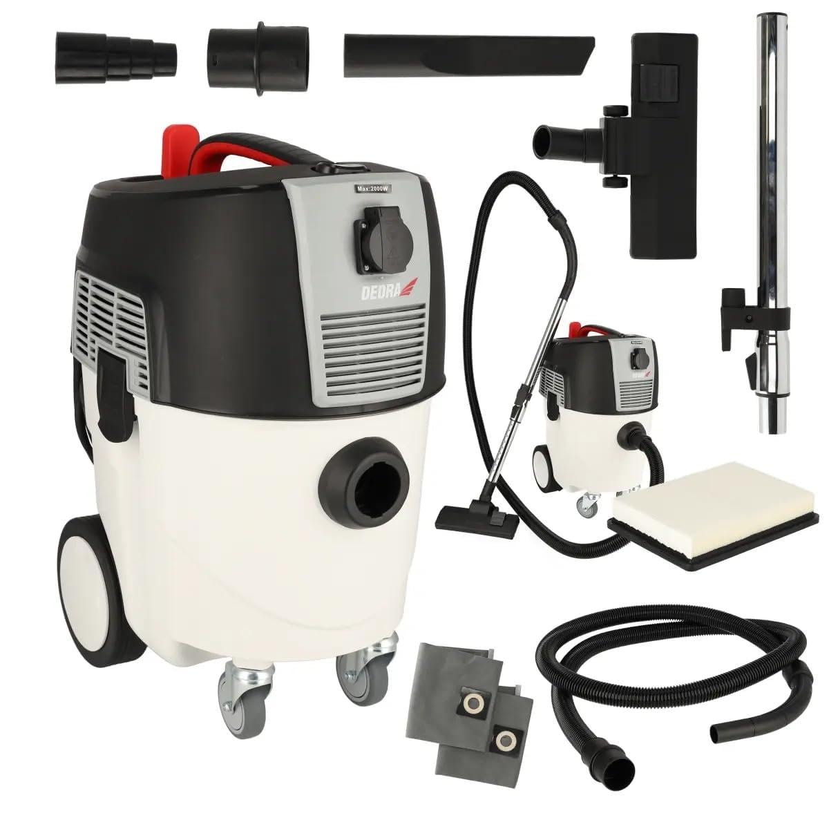 Dedra Aspirador en seco y húmedo para Uso con una lijadora de Yeso de 1600 W, Filtro vibratorio automático, Toma de Corriente integrada máx. 2000 W