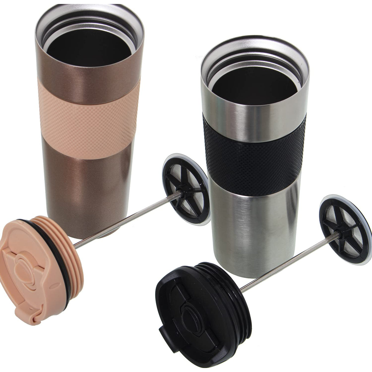 Set de 6 Cafetera Prensa de Acero Inoxidable y Silicona en Negro, Cromo y Rosa 8x22cm