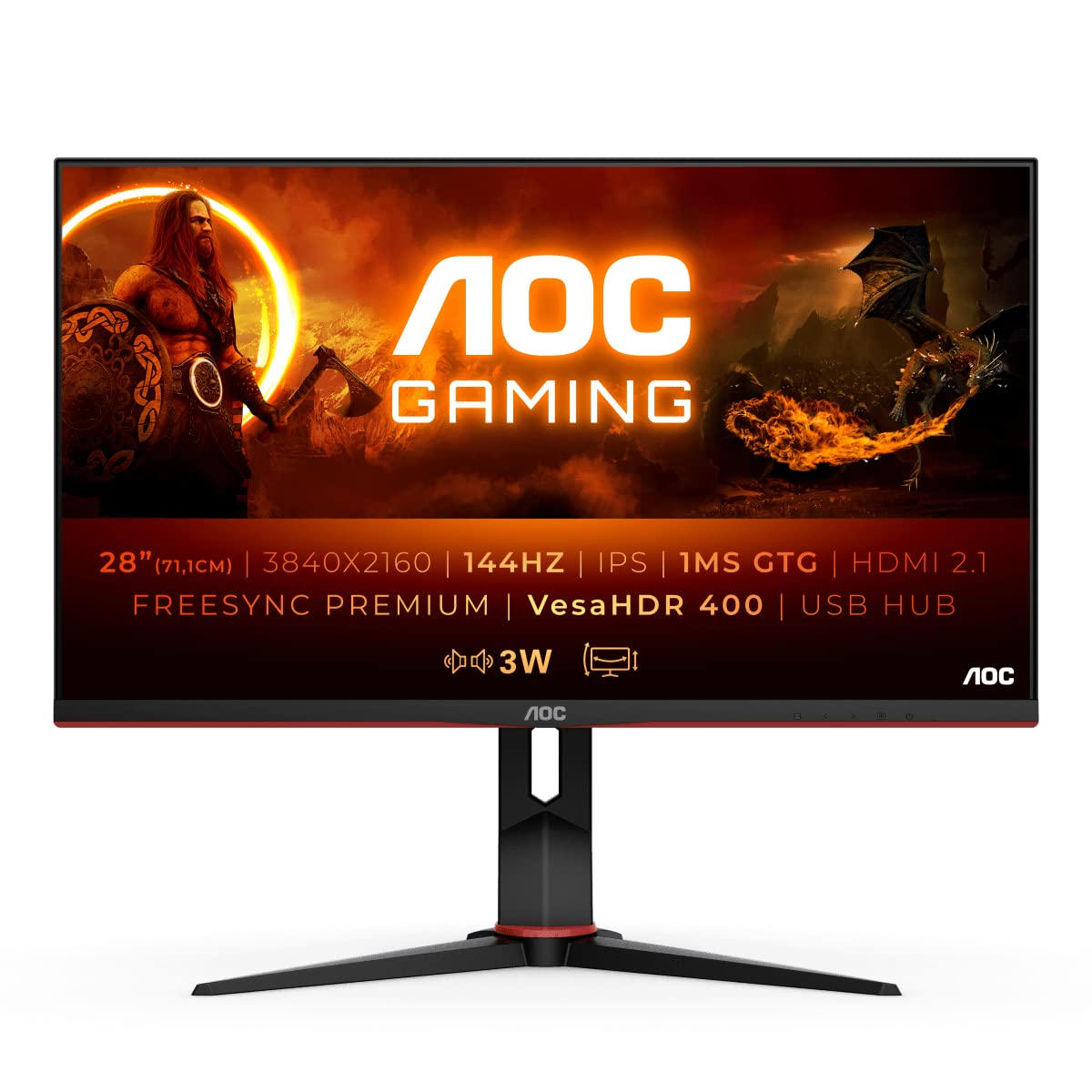 AOC Gaming U28G2XU2 - Monitor UHD de 28 Pulgadas, 144 Hz , 1 ms, FreeSync Premium Pro, HDR400 (3840 x 2160, HDMI, DisplayPort, hub USB), blanco/rojo