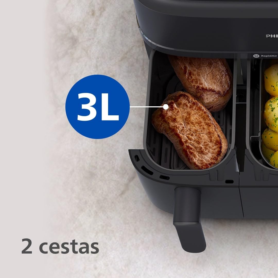 Philips Airfryer Serie 5000 Dual Basket con vapor - 9L, tecnología RapidAir Plus, 19 funciones en 1, 90% menos de grasa, Air Steam, 2 cestas, 2 tamaños, Cocina a vapor, Accesorios (NA550/00)