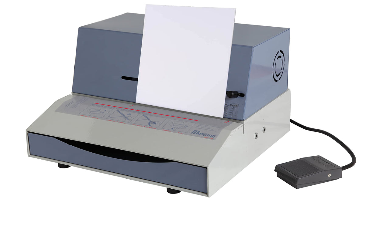 Mustang 51 E - Encuadernadora eléctrica. Uso intensivo. Con introdución vertical de papel. Estructura completamente metálica. Accionamiento eléctrico por pedal.