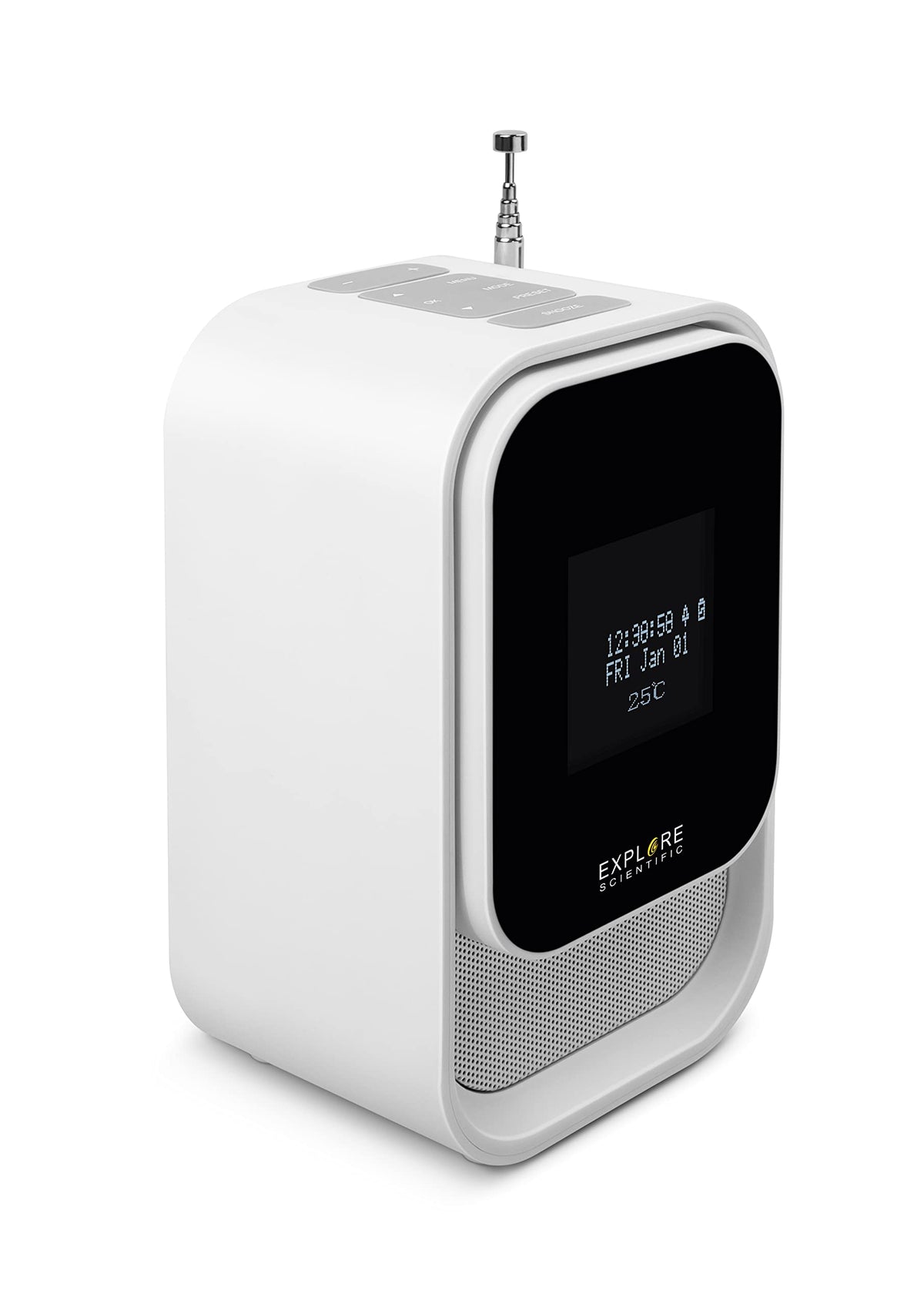 Explore Scientific BCR2001 - Radio Despertador con función Dab+, Bluetooth, Toma USB, batería Recargable, Color Blanco
