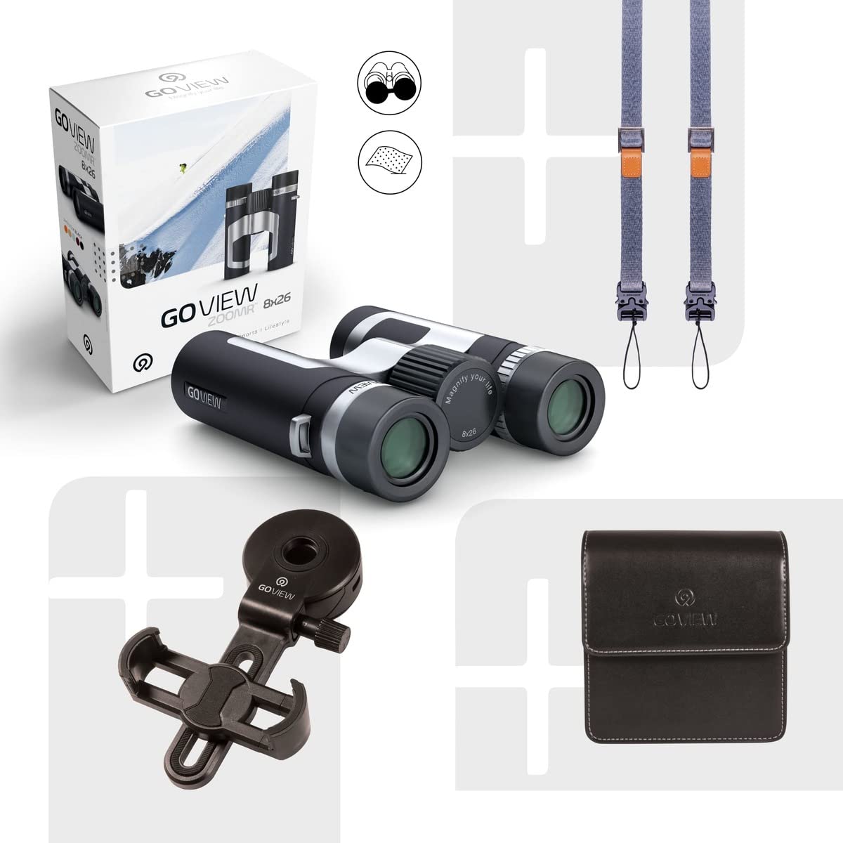 GoView ZOOMR 8x26 prismáticos pequeños y Ligeros (Aumento de 8X, Carcasa de magnesio, Incluye Adaptador para Smartphone y Accesorios) Phantom Negra