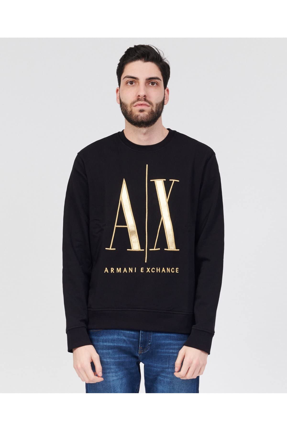 Armani Exchange Icon, Maxi Front Logo, Crew Neck, Sudadera de los Hombres, Black, Small