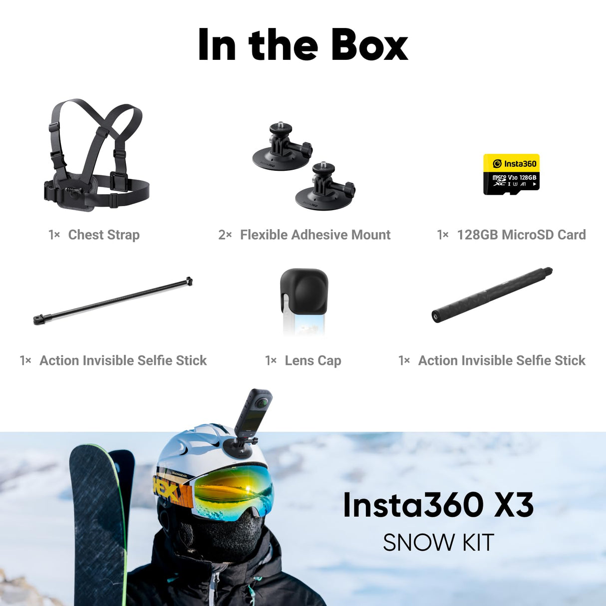 Insta360 X3 Paquete de Nieve - Cámara de acción Impermeable de 360° con Sensor de 1/2", 5,7 K 360°, Fotos de 72 MP a 360°, estabilización, Pantalla táctil de 2,29 Pulgadas, retroalimentación de