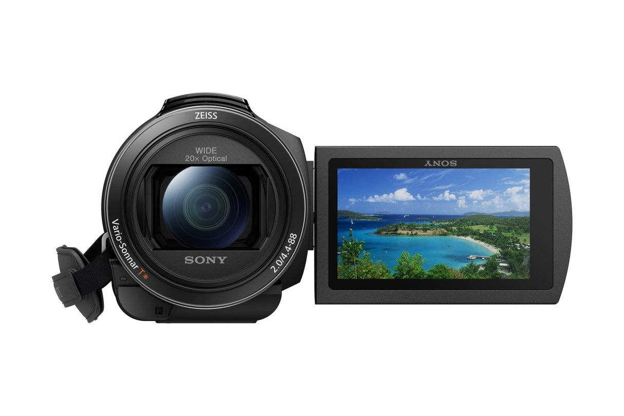 Sony Handycam FDR-AX43 - Videocámara (pantalla de 3" giratoria, grabación 4K Ultra HD, lente Zeiss Vario-Sonnar 26.8 mm, zoom óptico 20x, Balanced Optical SteadyShot, selfies, videos en casa y viajes)