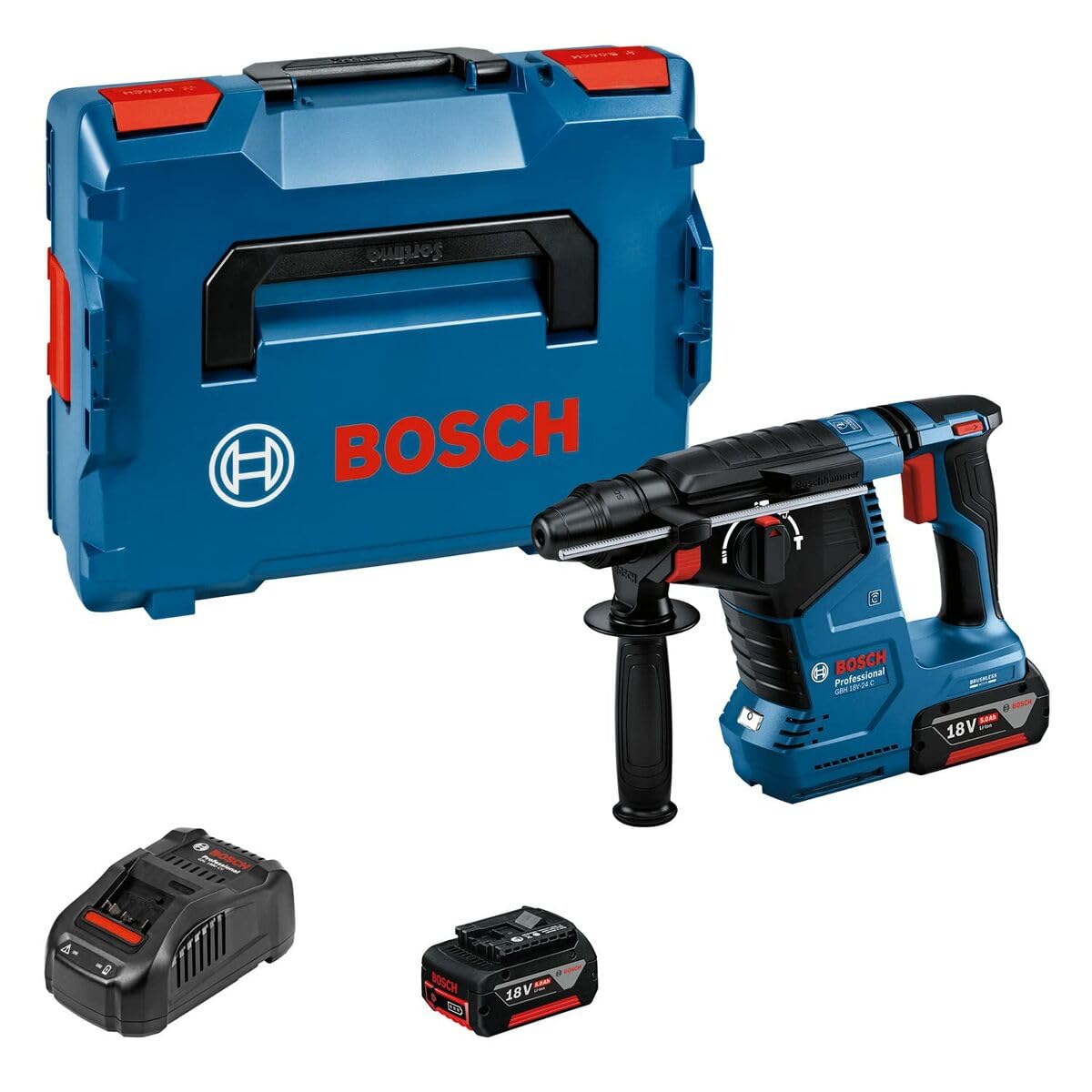 Bosch Professional 18V System GBH 18V-24 C - Martillo perforador a batería (Brushless, 2,4 J, Ø máx. hormigón 24 mm, SDS plus, Connectivity, 2 baterías x 5.0 Ah, en L-BOXX)