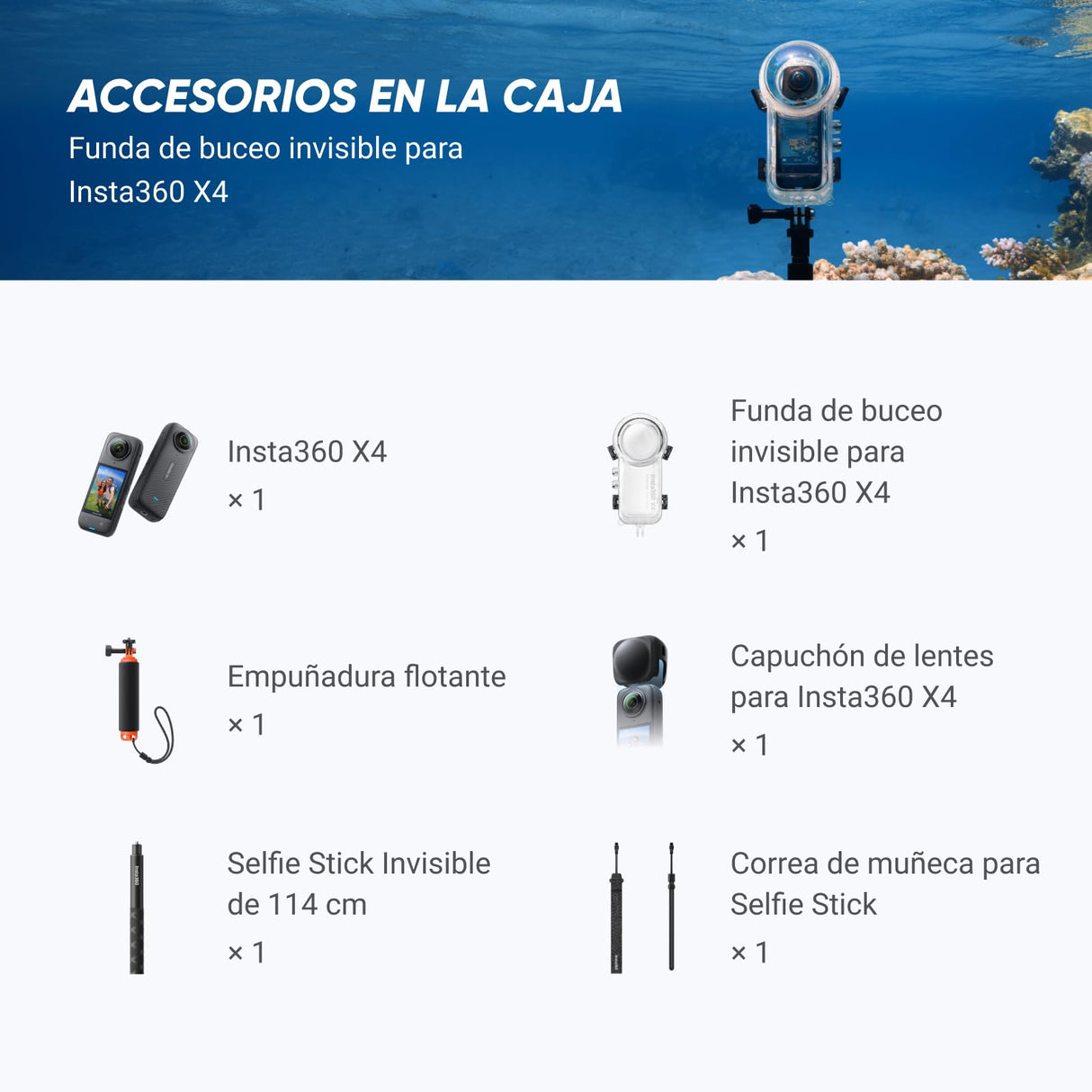 Insta360 X4 Paquete Invisible de Buceo - Cámara de acción Impermeable 8K 360, Vídeo 4K Gran Angular, Selfie Stick Invisible, Protectores de Lente Extraíbles, 135 Min Batería, Edición IA